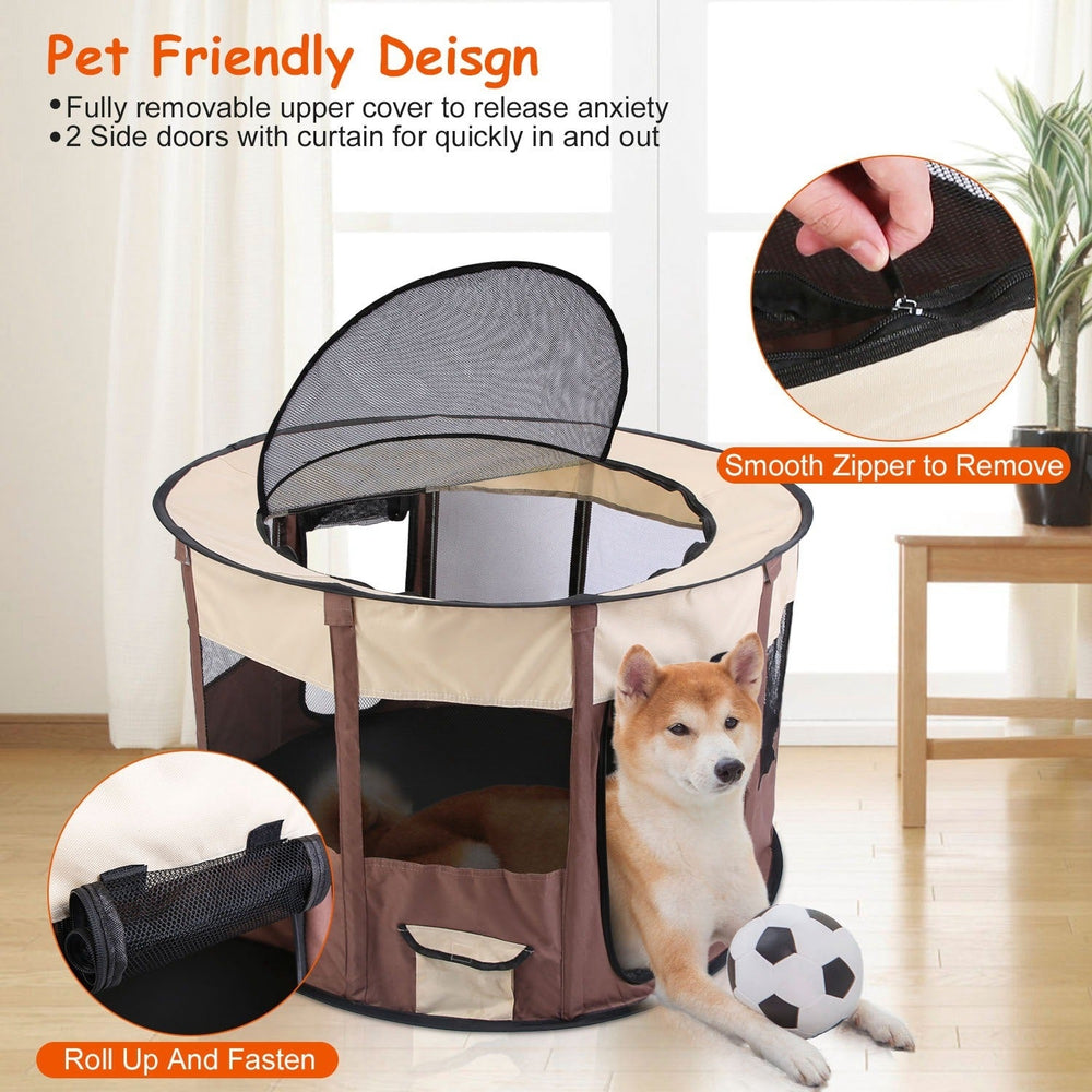 Foldable Playpen for Dog with Carry Bag Portable Travel Waterproof Indoor Outdoor Pet Cage Tent Detachable Upper Cover Image 2