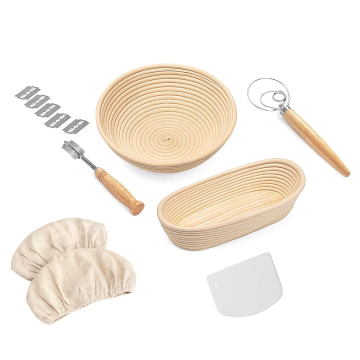 Complete Bread Baking Kit Banneton Proofing Basket Set 9In Round And 10In Oval Basket With Linen Liner Lame Dough Image 10