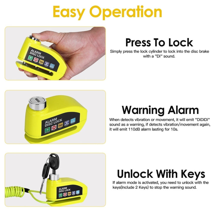 Motorcycle Disc Lock Alarm Anti theft Brake Disc Lock Wheel Alarm Security Lock with 110dB Alarm 2 Keys 3.94FT Reminder Image 4