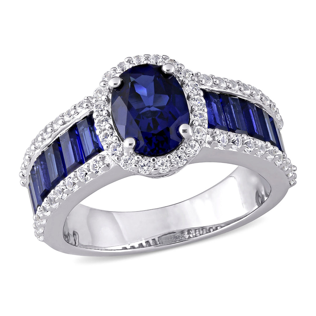 4.72 Carat (ctw) Lab-Created Blue and White Sapphire Halo Ring in Sterling Silver Image 1