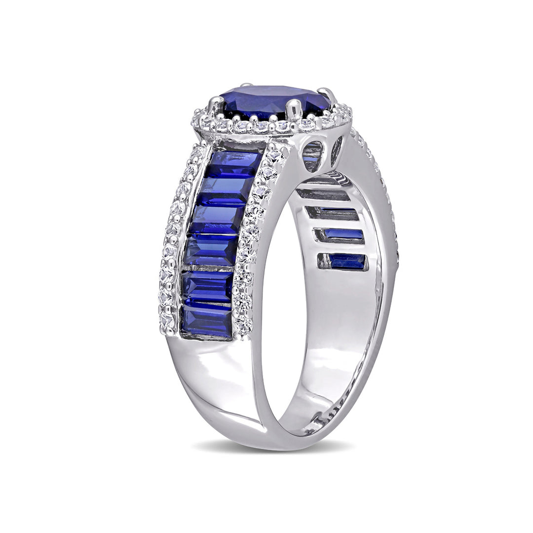 4.72 Carat (ctw) Lab-Created Blue and White Sapphire Halo Ring in Sterling Silver Image 4