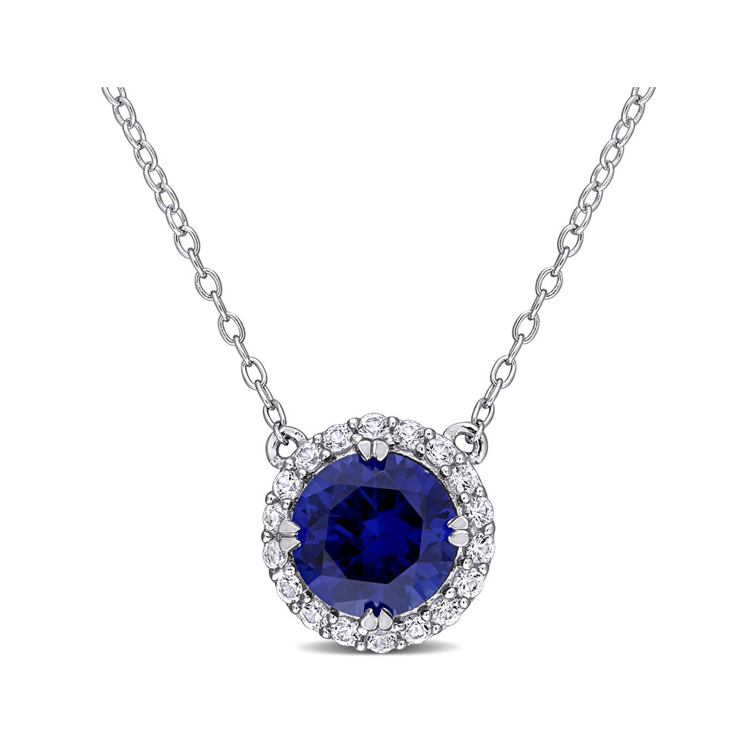 2.76 Carat (ctw) Lab-Created Blue and White Sapphire Halo Pendant Necklace in Sterling Silver with Chain Image 1