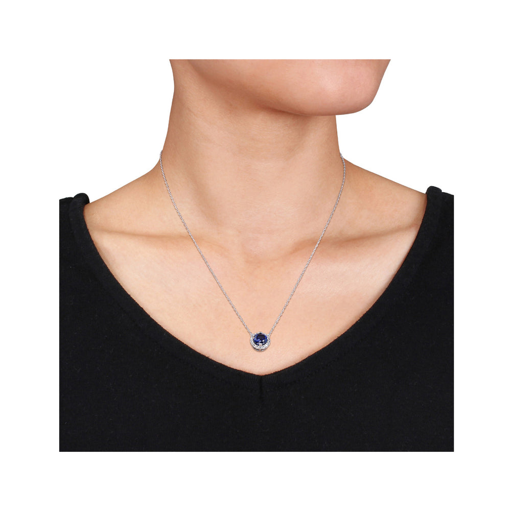 2.76 Carat (ctw) Lab-Created Blue and White Sapphire Halo Pendant Necklace in Sterling Silver with Chain Image 2