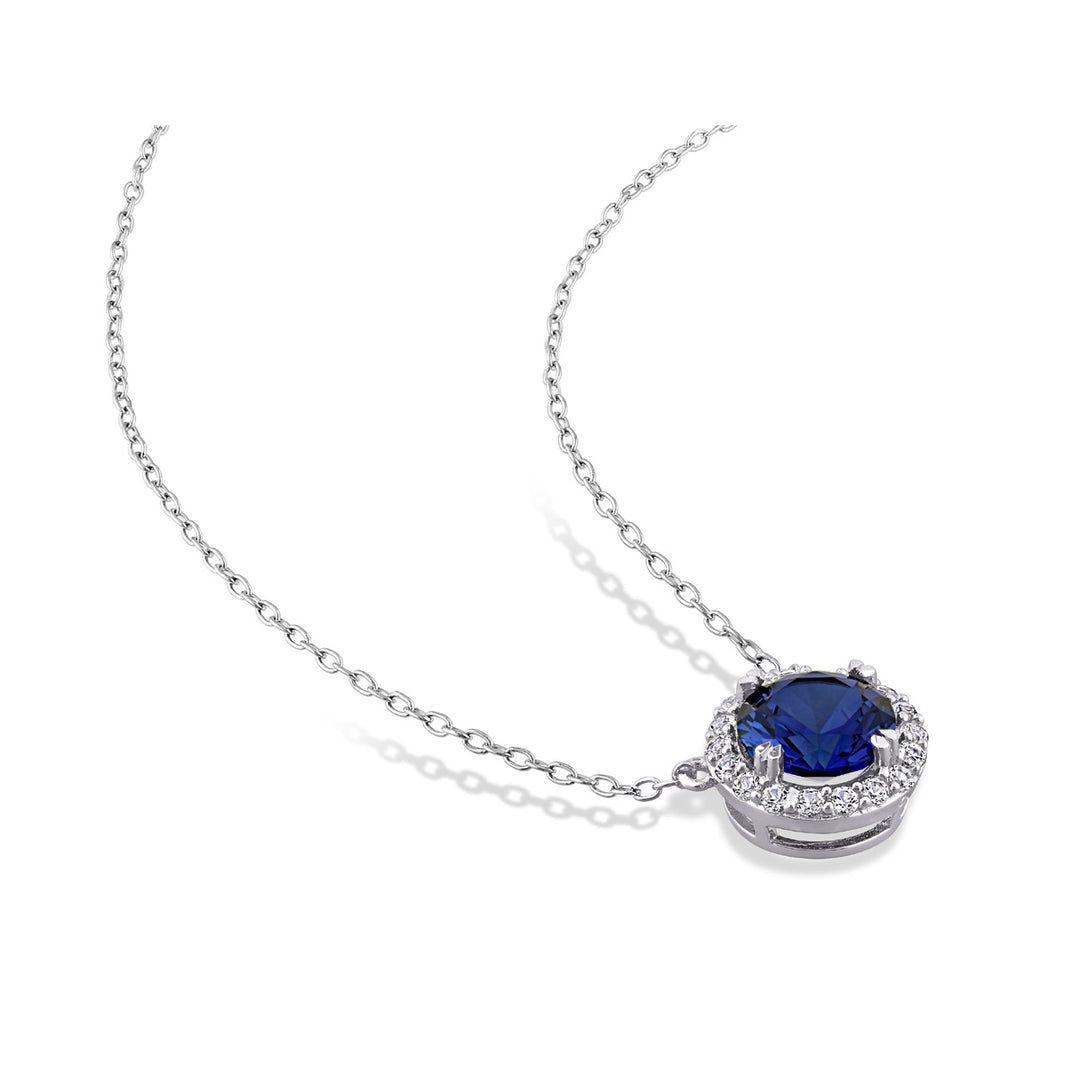 2.76 Carat (ctw) Lab-Created Blue and White Sapphire Halo Pendant Necklace in Sterling Silver with Chain Image 4