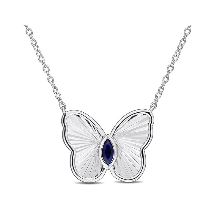 1/6 Carat (ctw) Lab-Created Blue Sapphire Butterfly Charm Pendant Necklace in Sterling Silver with Chain Image 1