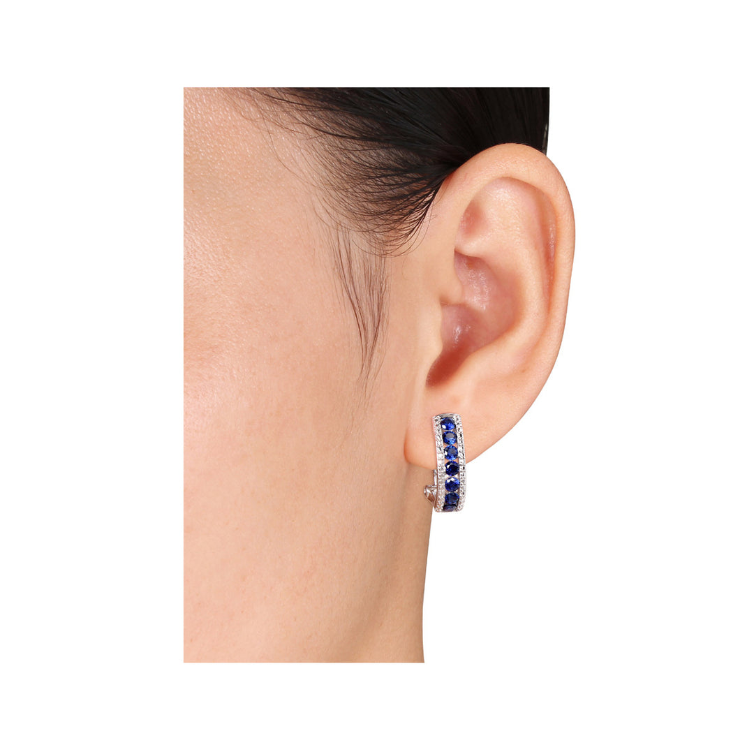 1.96 Carat (ctw) Lab-Created Blue Sapphire Hoop Earrings in Sterling Silver Image 4