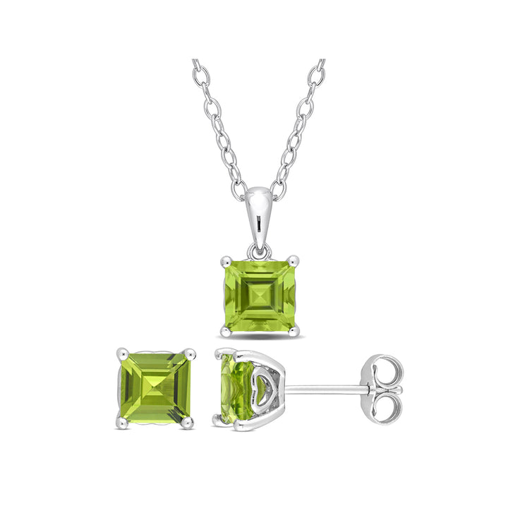 3.60 Carat (ctw) Square Peridot Solitaire Earrings and Pendant Set in Sterling Silver Image 1