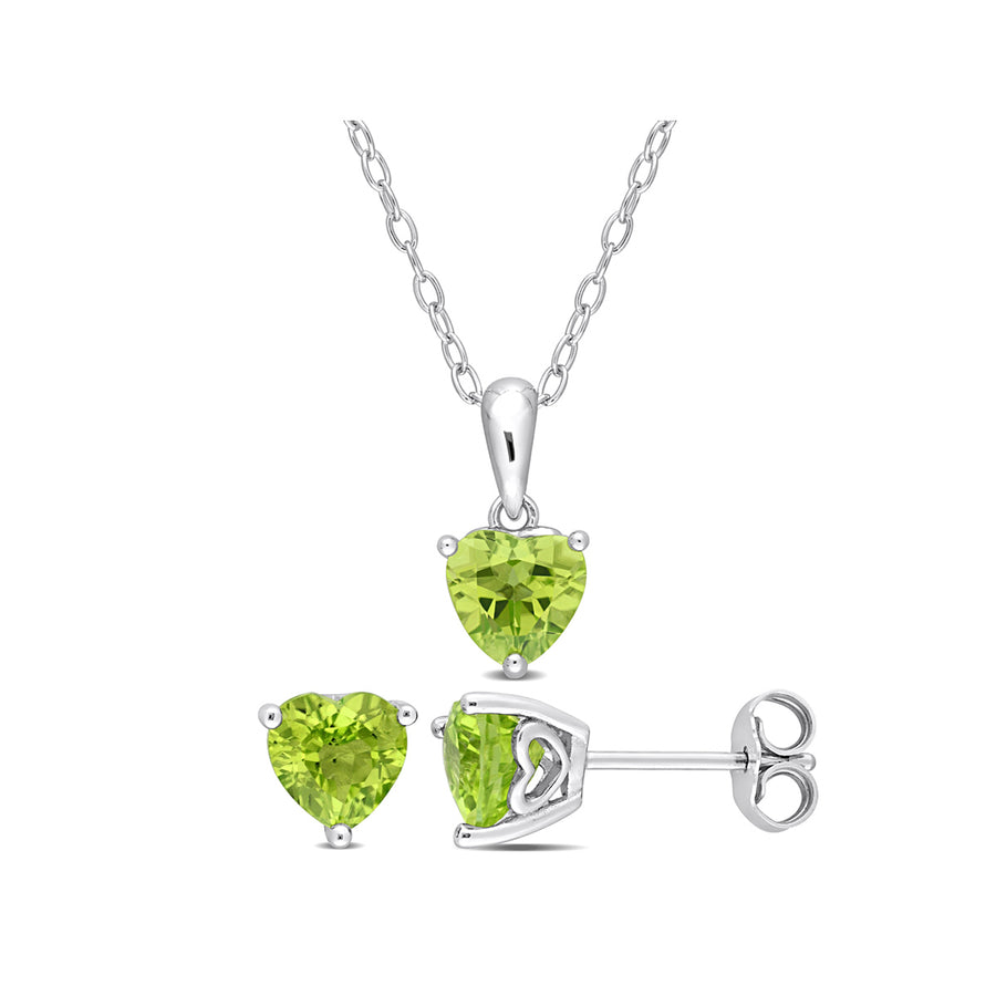 2.52 Carat (ctw) Peridot Heart Solitaire Earrings and Pendant Set in Sterling Silver Image 1