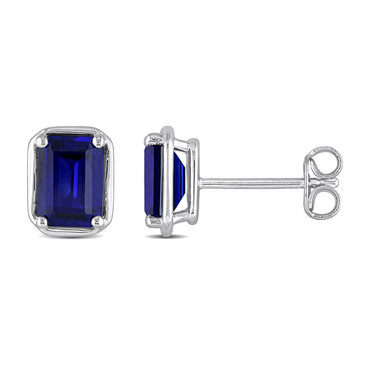 3.18 Carat (ctw) Lab-Created Blue Sapphire Emerald-Cut Solitaire Stud Earrings in Sterling Silver Image 1