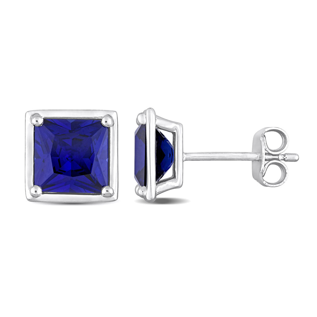 4.12 Carat (ctw) Lab-Created Princess Blue Sapphire Solitaire Earrings in Sterling Silver (8mm) Image 1