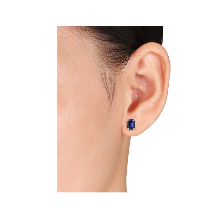 3.18 Carat (ctw) Lab-Created Blue Sapphire Emerald-Cut Solitaire Stud Earrings in Sterling Silver Image 4