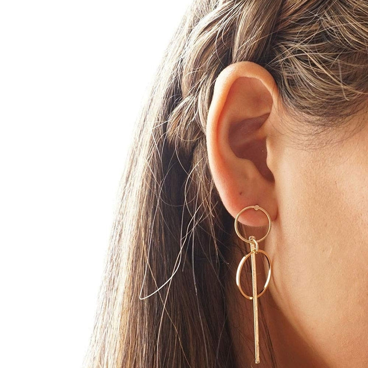 Minimalist Geometric Circles and Line Silver or Gold Earrings Simple Geo Minimal Drop Earrings Artistic Hoops and Lines Image 2