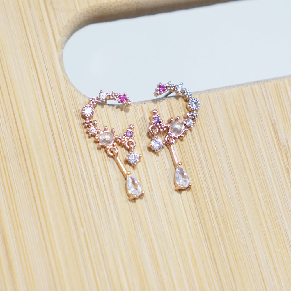 Crescent Moon Earrings Moon Drop Earrings Celestial Earrings Moon Dangle Earrings Rose Gold Pink Crystal Moon Earrings Image 2