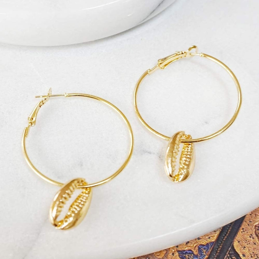 Gold Shell Hoop Earring Gold Hoops Gold Hoop Cowrie Shell Charm Earrings Puka Shell Hoop Earrings Gold Earrings Image 1