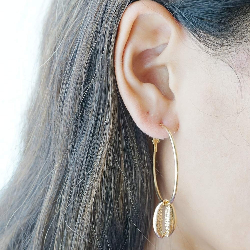 Gold Shell Hoop Earring Gold Hoops Gold Hoop Cowrie Shell Charm Earrings Puka Shell Hoop Earrings Gold Earrings Image 2