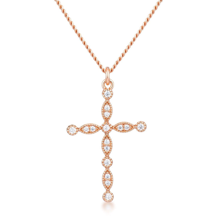 Dg Silver Delights Delicate Vintage Rose Gold Plated Clear CZ Cross Pendant Image 1