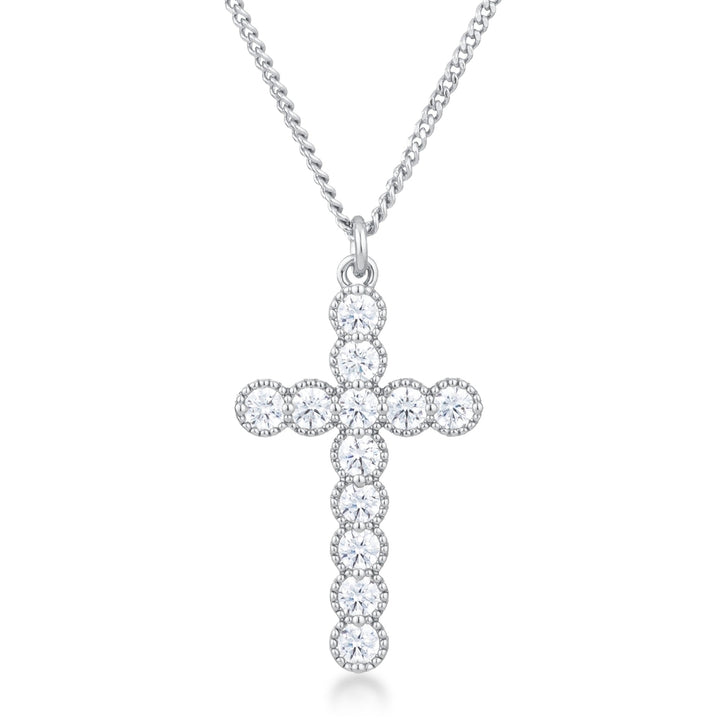 Dg Silver Delights Micro Beaded Rhodium Plated Clear CZ Cross Pendant Image 1