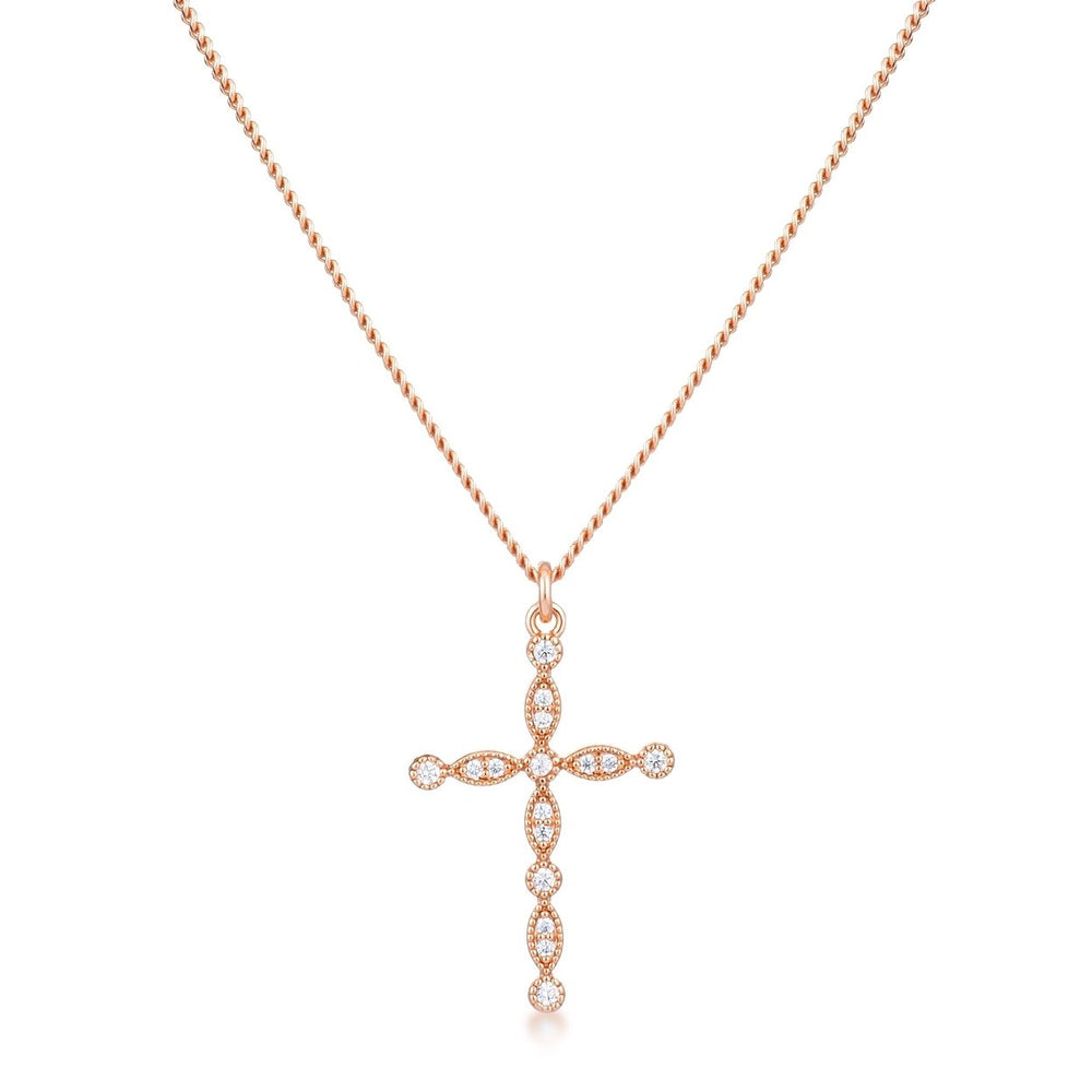 Dg Silver Delights Delicate Vintage Rose Gold Plated Clear CZ Cross Pendant Image 2