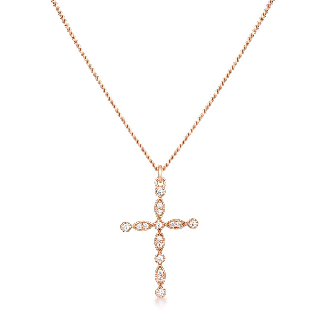 Dg Silver Delights Delicate Vintage Rose Gold Plated Clear CZ Cross Pendant Image 2