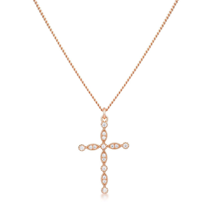 Dg Silver Delights Delicate Vintage Rose Gold Plated Clear CZ Cross Pendant Image 2