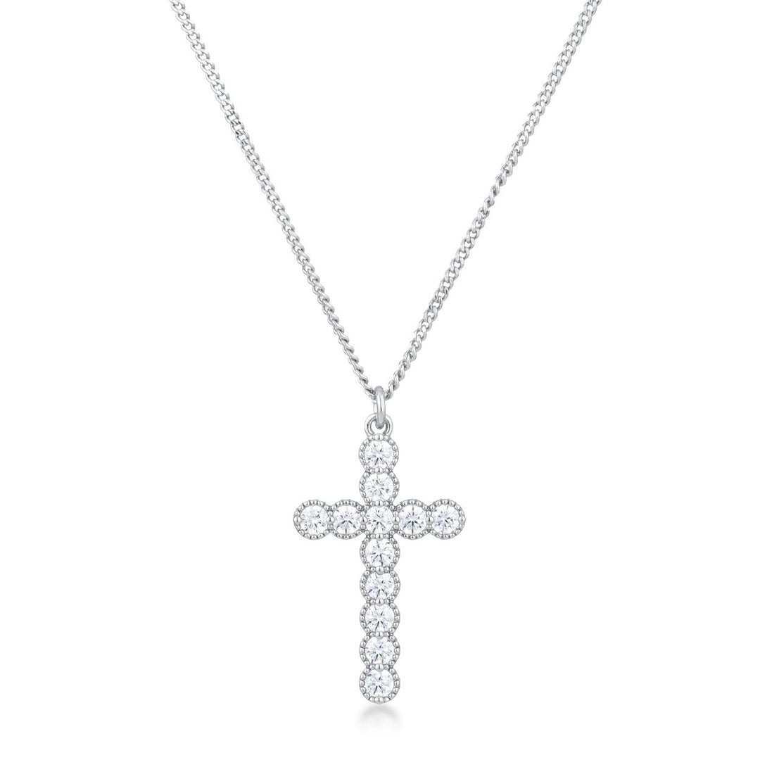 Dg Silver Delights Micro Beaded Rhodium Plated Clear CZ Cross Pendant Image 2