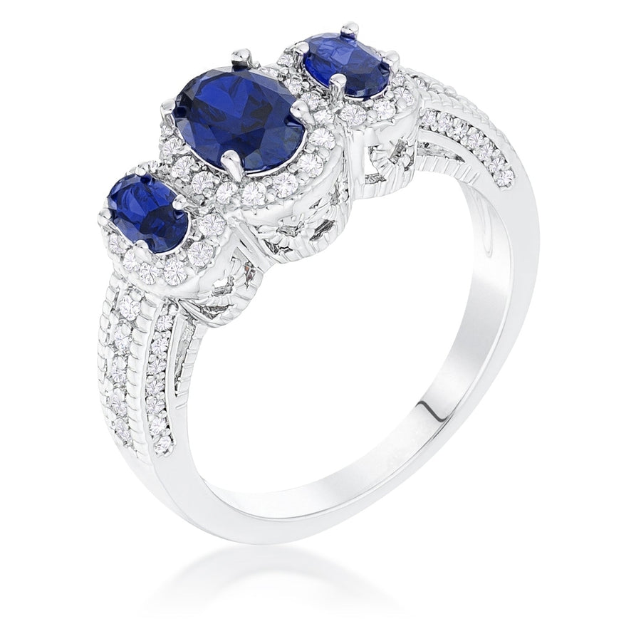 Dg Silver Delights Rhodium Plated 3-Stone Sapphire Blue Oval Cut CZ Halo Ring Image 1