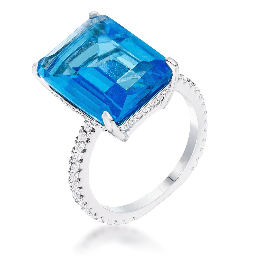 Dg Silver Delights 15Ct Rhodium Plated Aqua Blue Emerald Cut Pave Ring Image 1