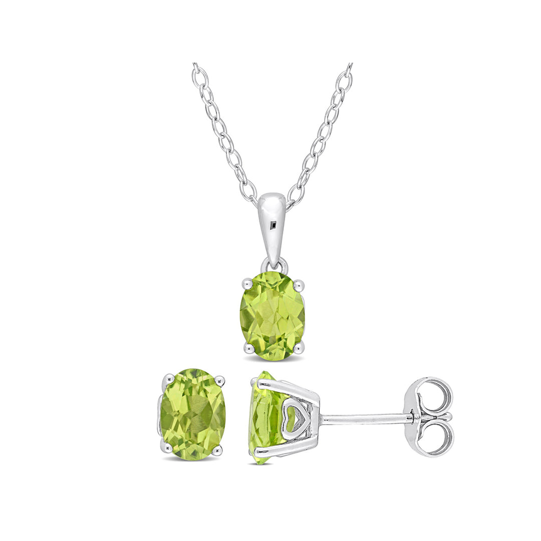 2.46 Carat (ctw) Oval-Cut Peridot Solitaire Earrings and Pendant Set in Sterling Silver Image 1