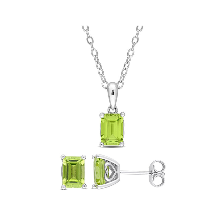 2.92 Carat (ctw) Emerald-Cut Peridot Solitaire Earrings and Pendant Set in Sterling Silver Image 1