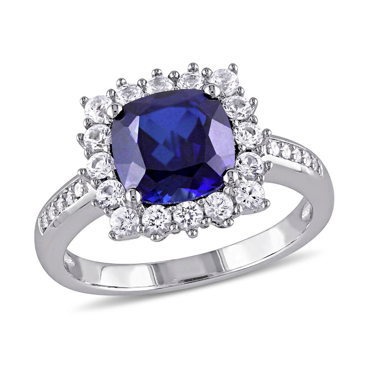 3.60 Carat (ctw) Lab-Created Blue and White Sapphire Halo Ring in Sterling Silver Image 1