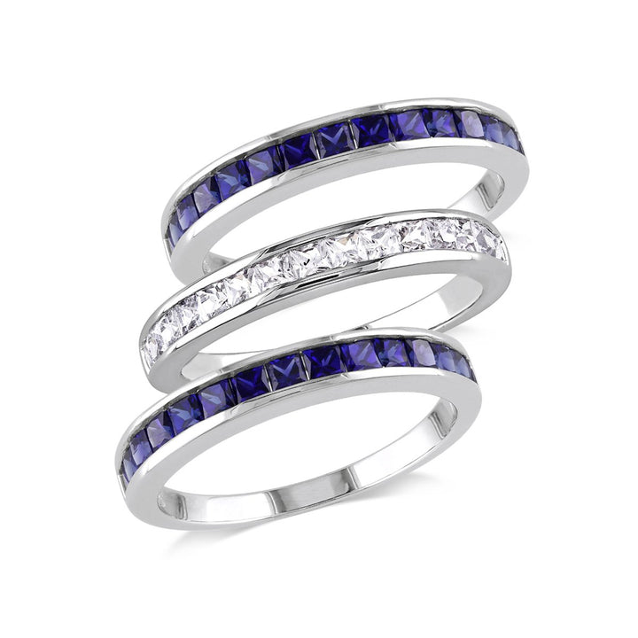 2.25 Carat (ctw) Lab-Created Blue Sapphire and White Sapphire Three Band Ring Set Sterling Silver Image 1