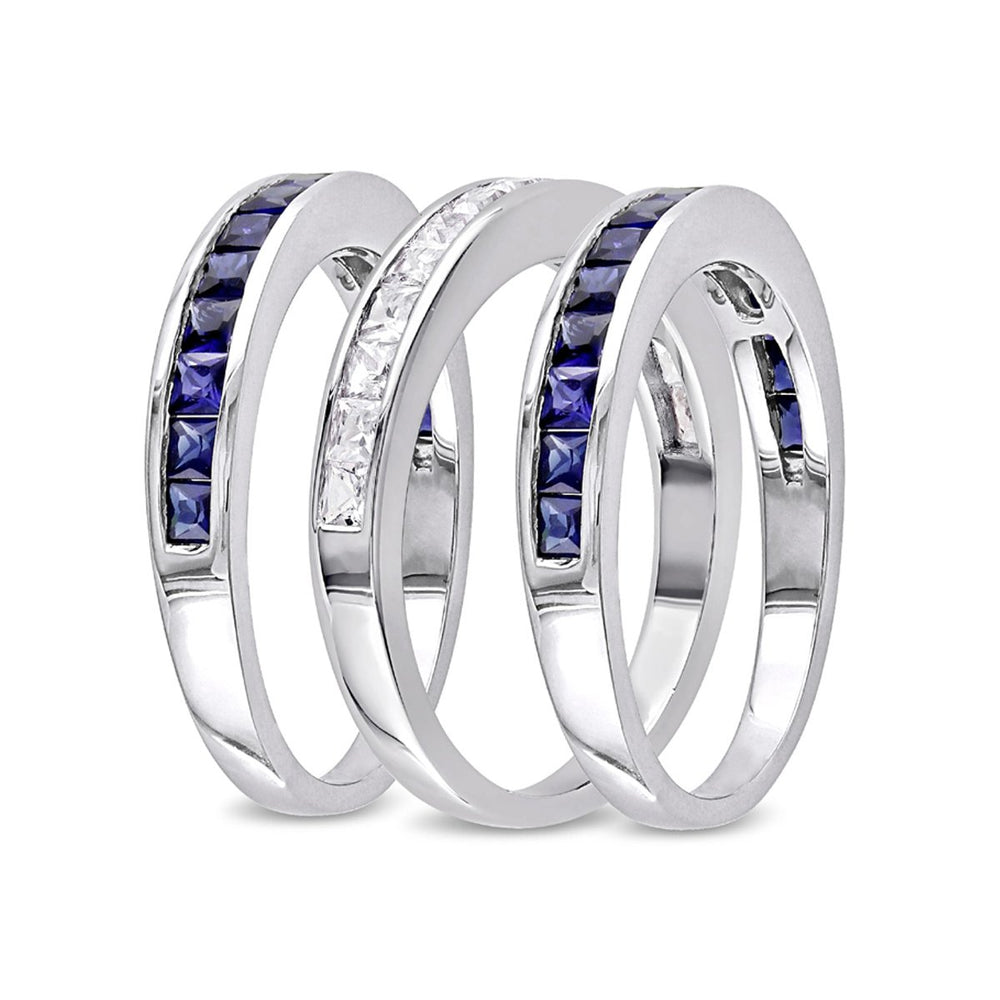 2.25 Carat (ctw) Lab-Created Blue Sapphire and White Sapphire Three Band Ring Set Sterling Silver Image 2