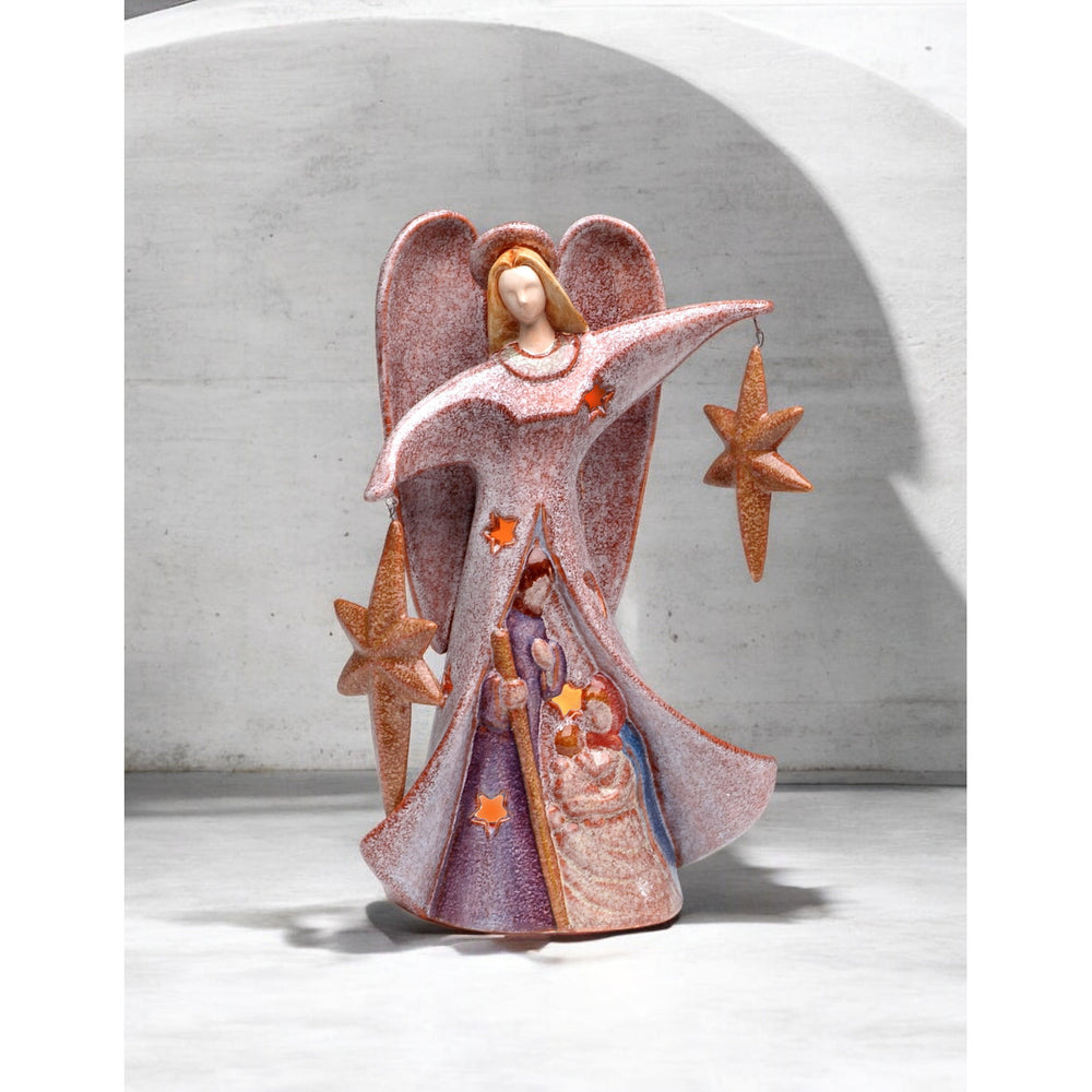 Ceramic Angel Candle Holder 8 7/8" Holding Two Stars Gift Image 2