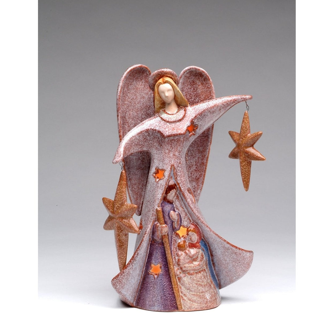 Ceramic Angel Candle Holder 8 7/8" Holding Two Stars Gift Image 3