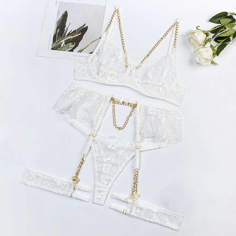 Women Fashion Floral Embroidery Lingerie Set Thin Transparent Bralette Lace Push Up Bra Garters 4 Piece Erotic Underwear Image 3