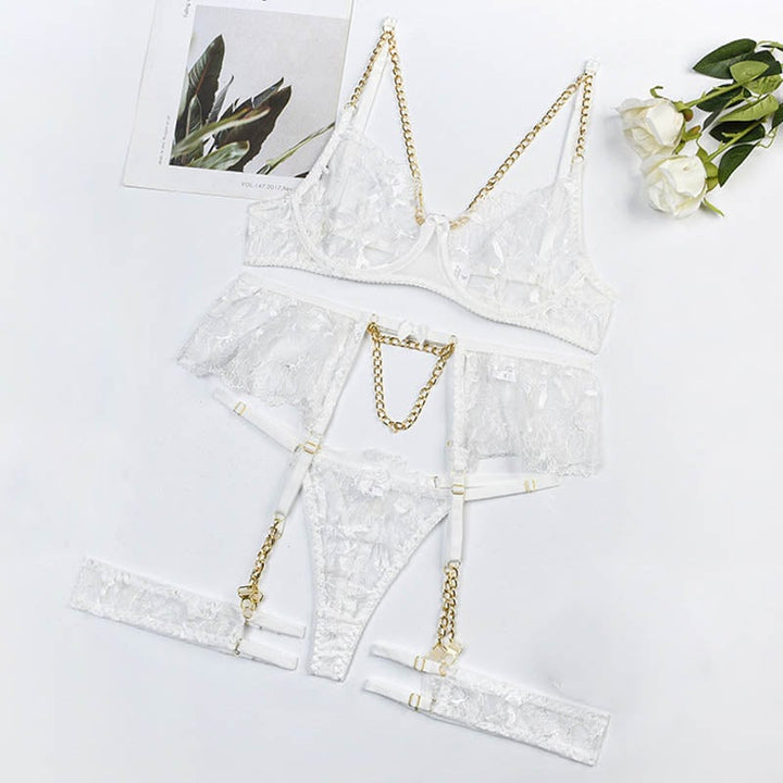 Women Fashion Floral Embroidery Lingerie Set Thin Transparent Bralette Lace Push Up Bra Garters 4 Piece Erotic Underwear Image 1