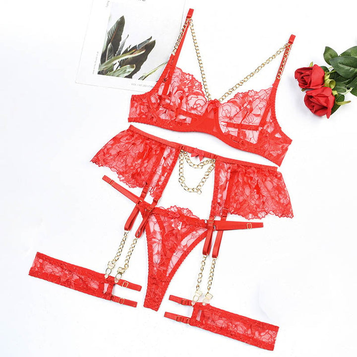 Women Fashion Floral Embroidery Lingerie Set Thin Transparent Bralette Lace Push Up Bra Garters 4 Piece Erotic Underwear Image 4