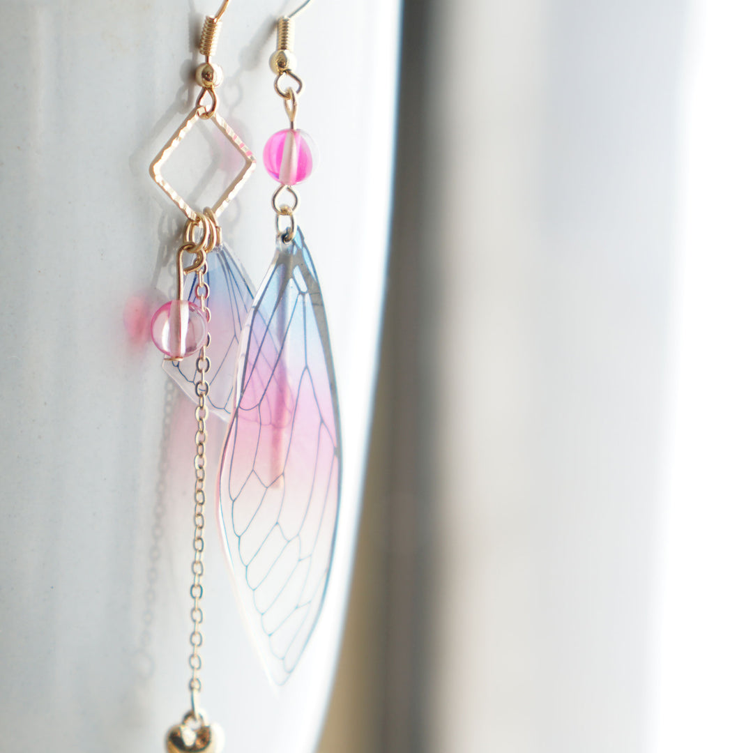 Gradient Butterfly Earrings Chiffon Pink and Purple Asymmetrical Butterfly Earrings Mismatched Earrings Image 1