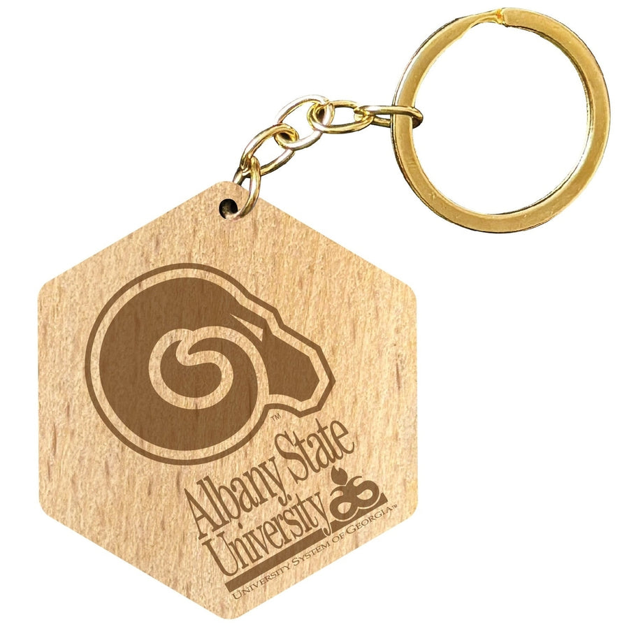 Albany State University 2" Engraved Wooden Hexagon Keychain Officially Licensed Collegiate Product Image 1