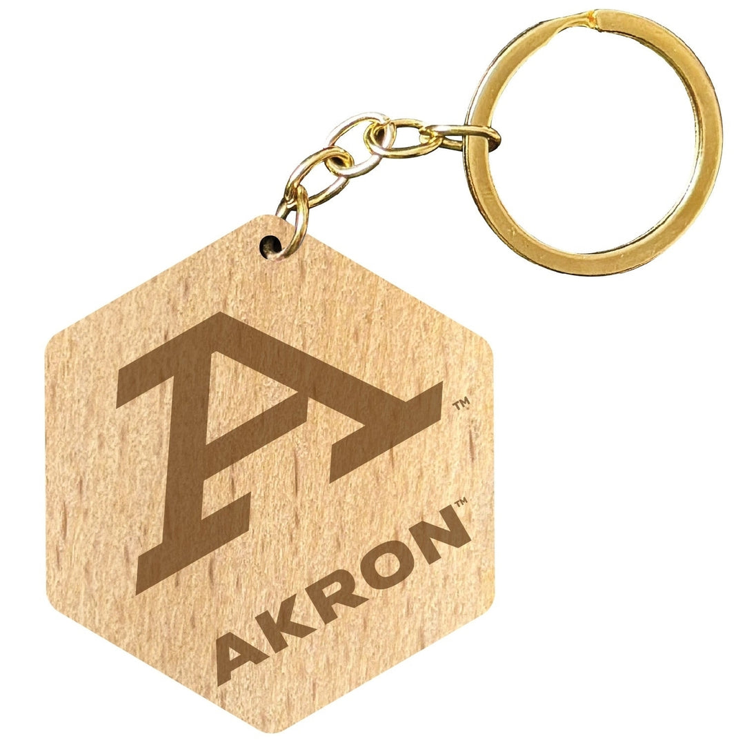 Akron Zips 2" Engraved Wooden Hexagon Keychain Officially Licensed Collegiate Product Image 1