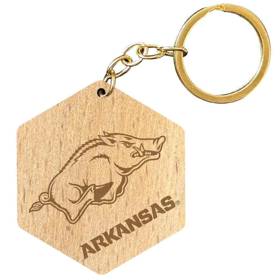 Arkansas Razorbacks 2" Engraved Wooden Hexagon Keychain Officially Licensed Collegiate Product Image 1