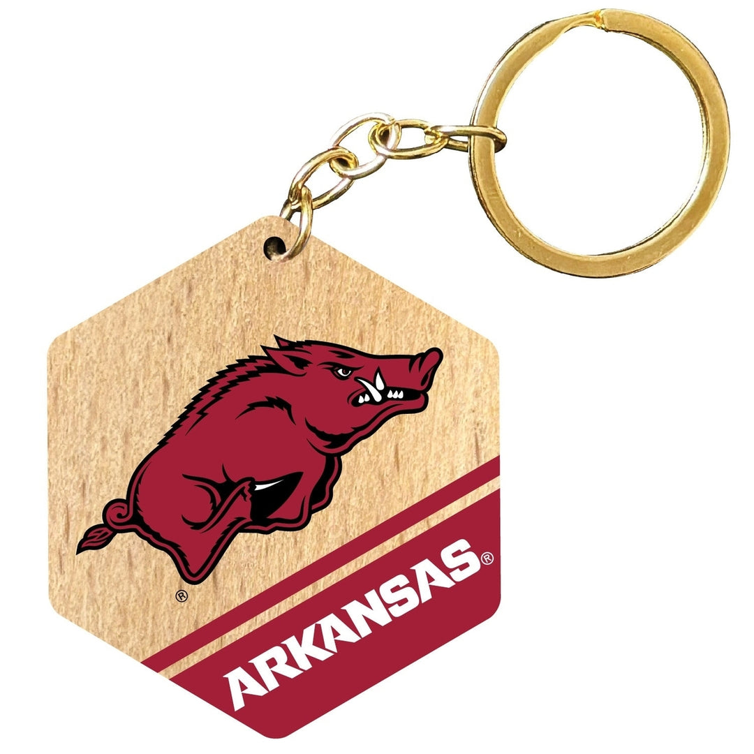 Arkansas Razorbacks 2" Wooden Hexagon Keychain Officially Licensed Collegiate Product Image 1