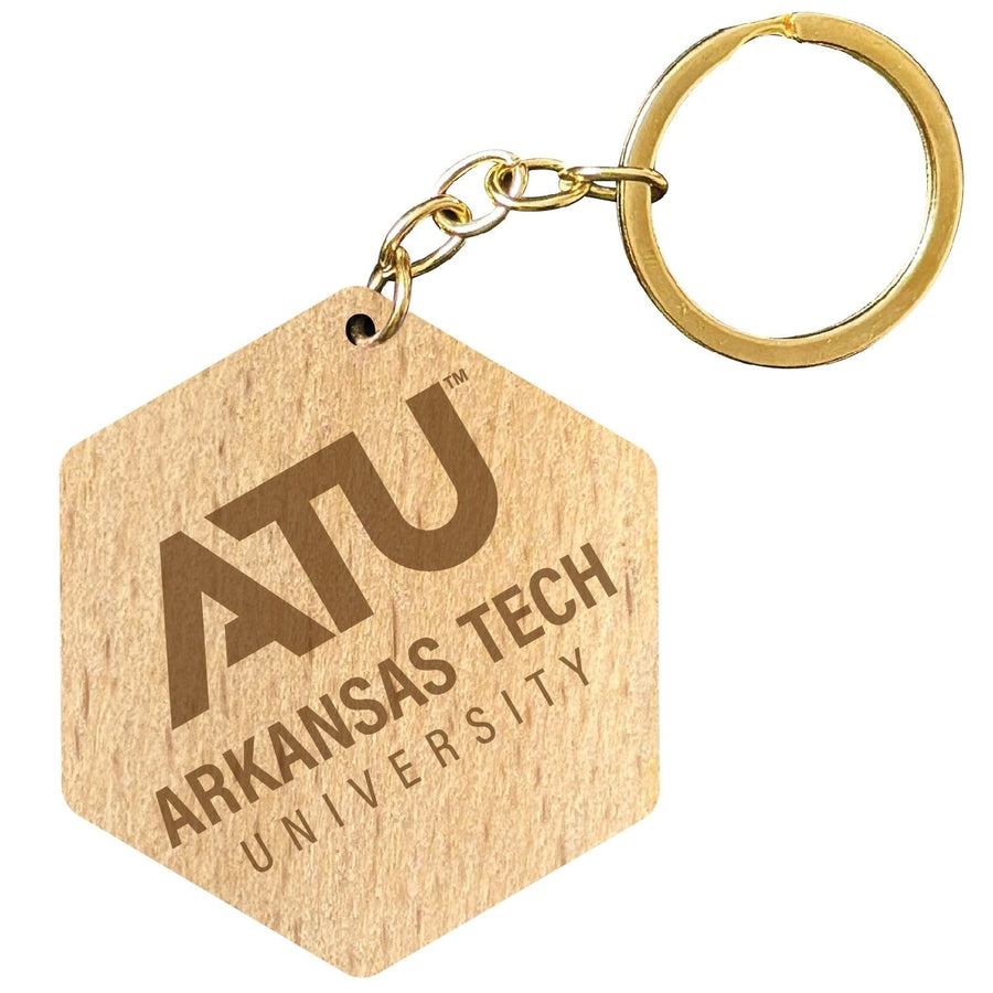 Arkansas Tech University 2" Engraved Wooden Hexagon Keychain Officially Licensed Collegiate Product Image 1