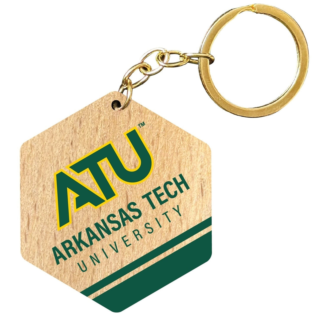 Arkansas Tech University 2" Wooden Hexagon Keychain Officially Licensed Collegiate Product Image 1