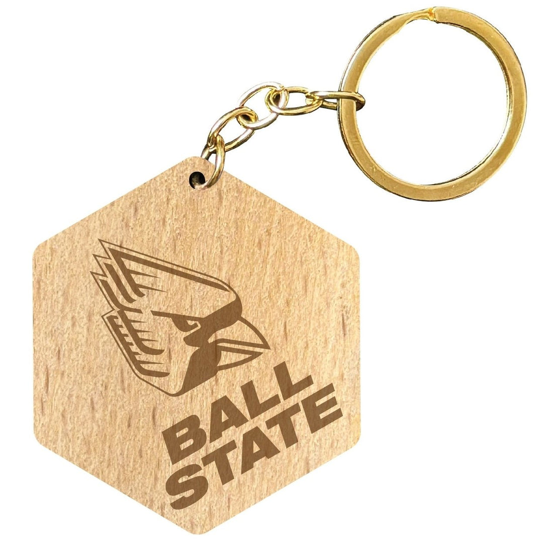 Ball State University 2" Engraved Wooden Hexagon Keychain Officially Licensed Collegiate Product Image 1