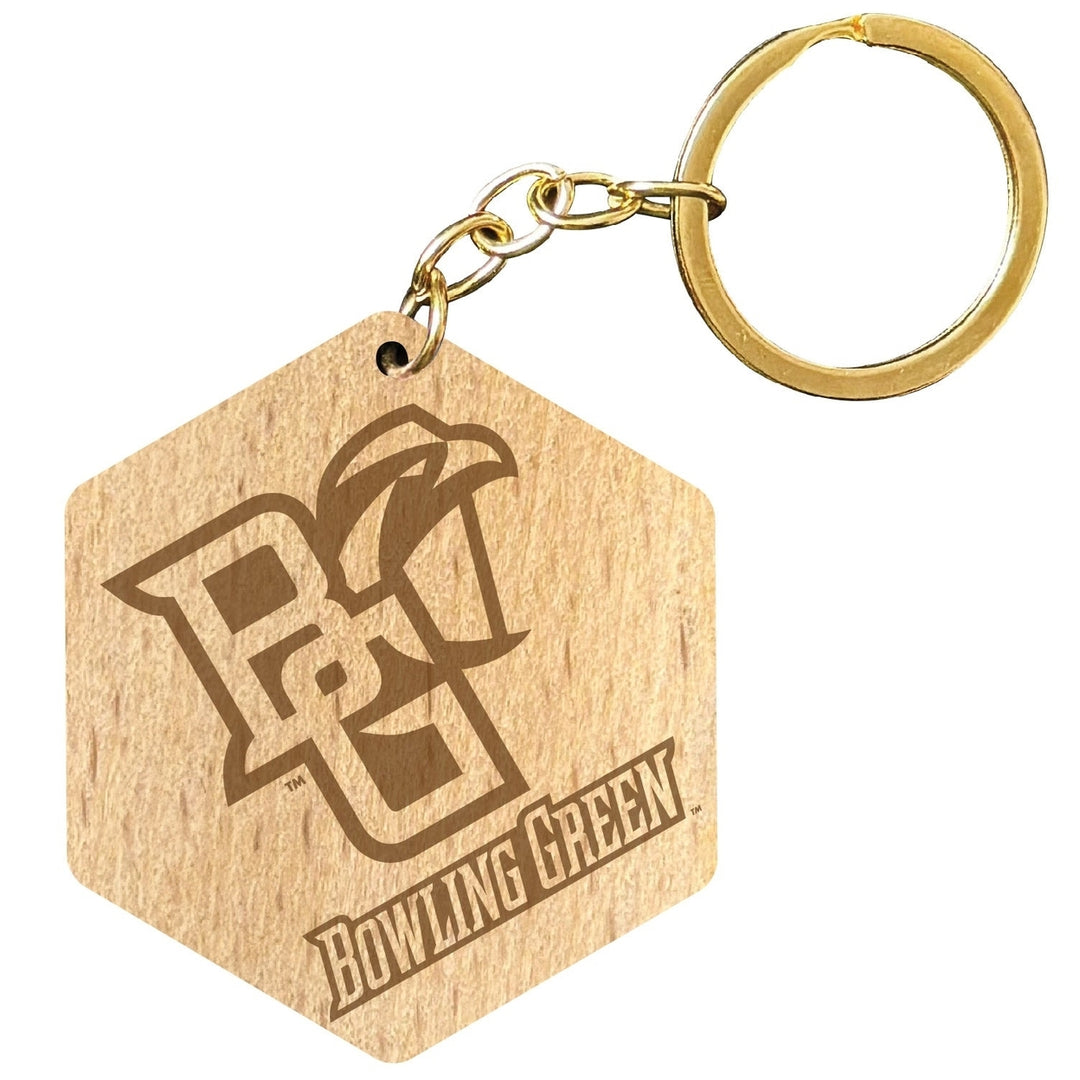 Bowling Green Falcons 2" Engraved Wooden Hexagon Keychain Officially Licensed Collegiate Product Image 1