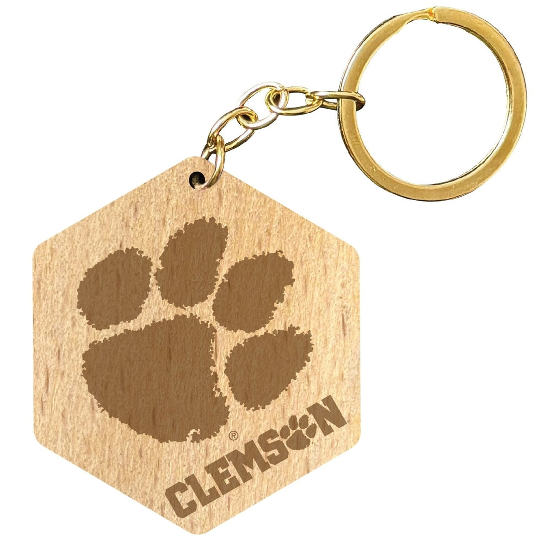 Clemson Tigers 2" Engraved Wooden Hexagon Keychain Officially Licensed Collegiate Product Image 1