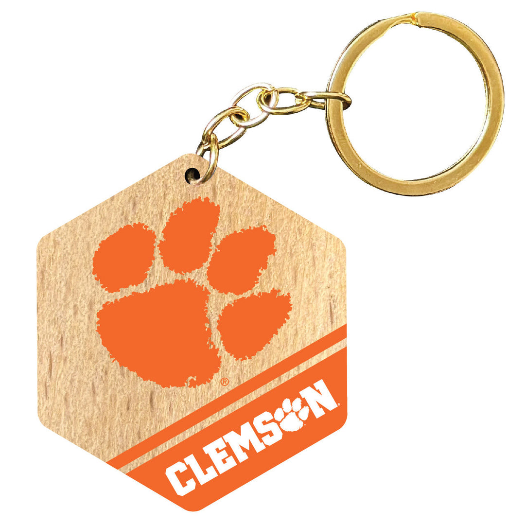 Clemson Tigers 2" Wooden Hexagon Keychain Officially Licensed Collegiate Product Image 1