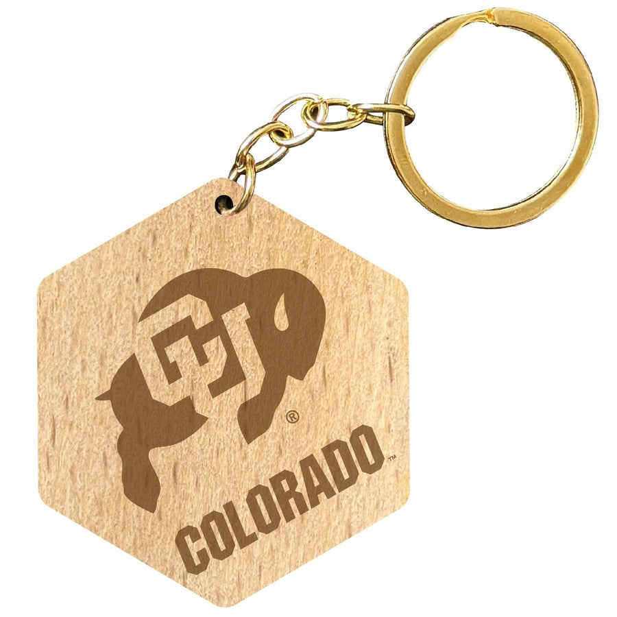 Colorado Buffaloes 2" Engraved Wooden Hexagon Keychain Officially Licensed Collegiate Product Image 1