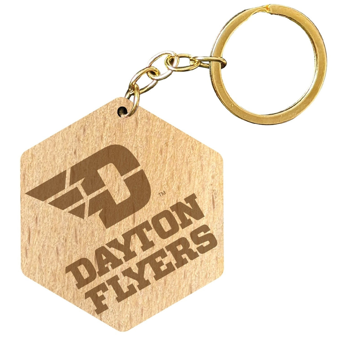 Dayton Flyers 2" Engraved Wooden Hexagon Keychain Officially Licensed Collegiate Product Image 1